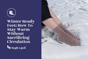 Person wearing warm brown socks sitting on snow, representing winter comfort and proper circulation for cold-weather foot care.