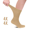 The image displays a person's lower leg pulling up a beige crew sock, with additional pairs of the same style socks depicted as miniatures in the background to the left, all set against a white backdrop.
