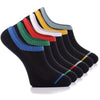 Elevate your sock game with these Patterned Cotton No-Show Socks for Men, boasting six black socks adorned with vibrant stripes.