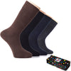 This pack of men's bamboo socks includes five pairs in a variety of colors and patterns, all neatly packaged in a box for easy gifting or storage.