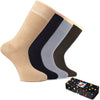  A set of five pairs of men's bamboo socks neatly packaged in a box for easy storage and organization.
