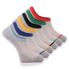 A set of six patterned cotton no-show socks for men, each pair featuring a unique color scheme. Perfect for adding a pop of style to any outfit.