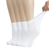 row of white socks made of cotton material designed for women with diabetes. The image shows a woman's feet wearing the socks.