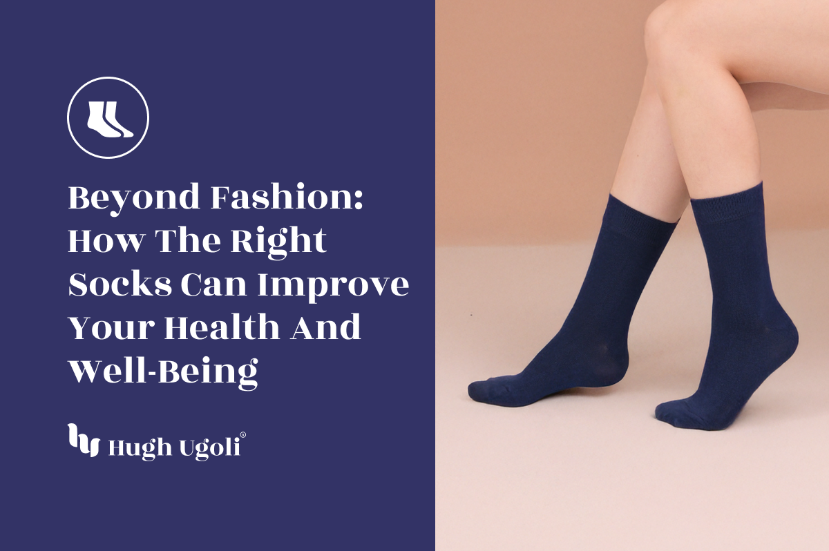 Woman wearing navy blue crew socks while sitting on a neutral background, representing comfort and health-focused sock design.