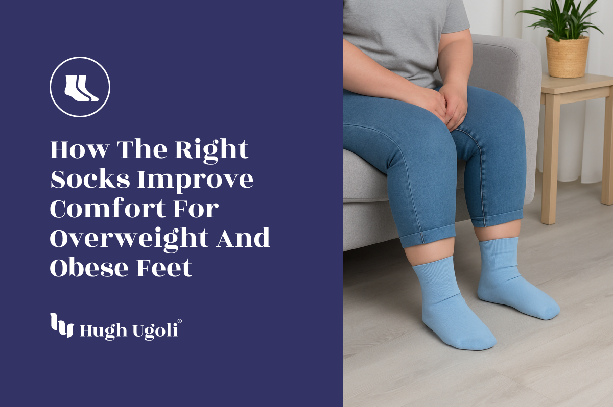 Overweight person sitting on a sofa wearing light blue comfort socks indoors.