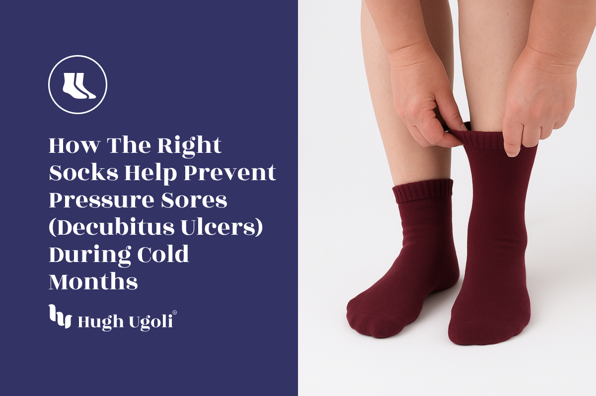 Person wearing maroon socks with text about preventing pressure sores during cold months, featuring Hugh Egolf brand.