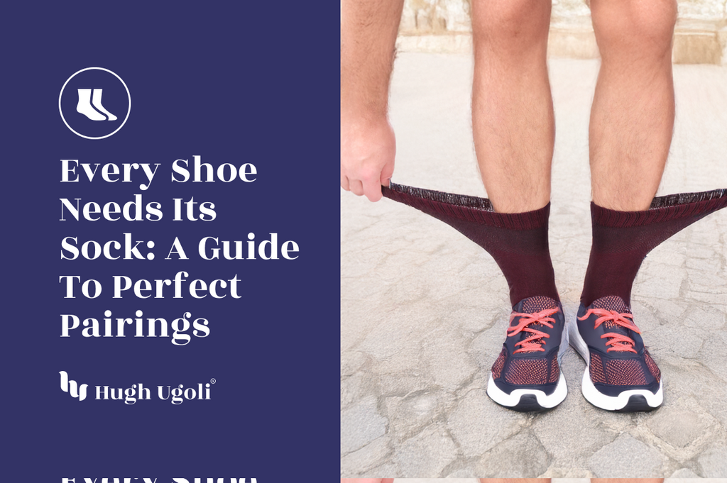 Person wearing socks with shoes on a textured surface, promoting Hugh Ugolf's guide to shoe sock pairings.