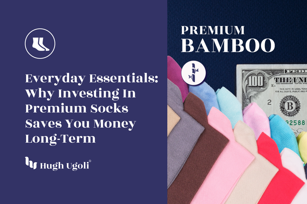 Advertisement for premium bamboo socks with text about investing in quality socks.