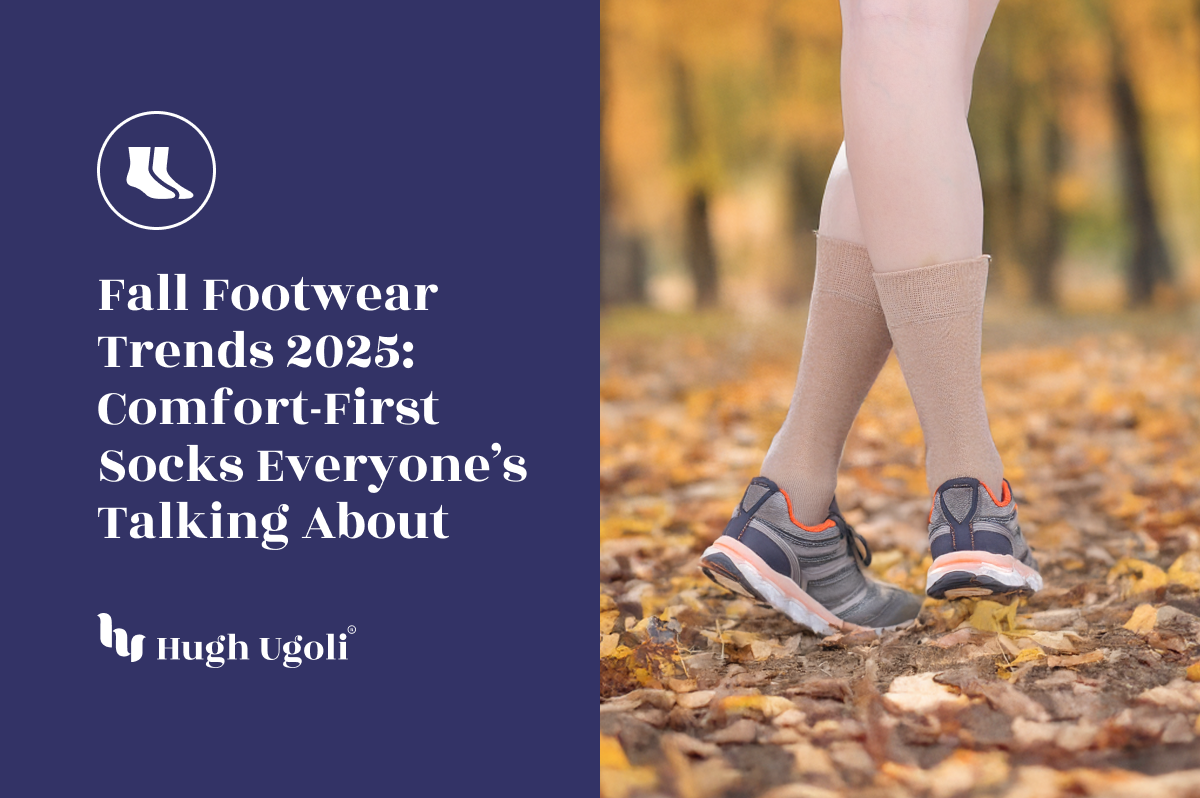 Person walking outdoors in beige socks and gray sneakers on a leaf-covered autumn path, representing 2025 fall footwear comfort trends.