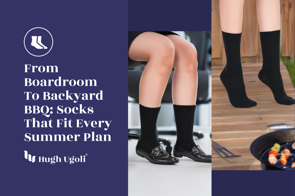 Black crew socks styled for both office wear with loafers and casual backyard BBQ with grill, showing versatility for every summer occasion.
