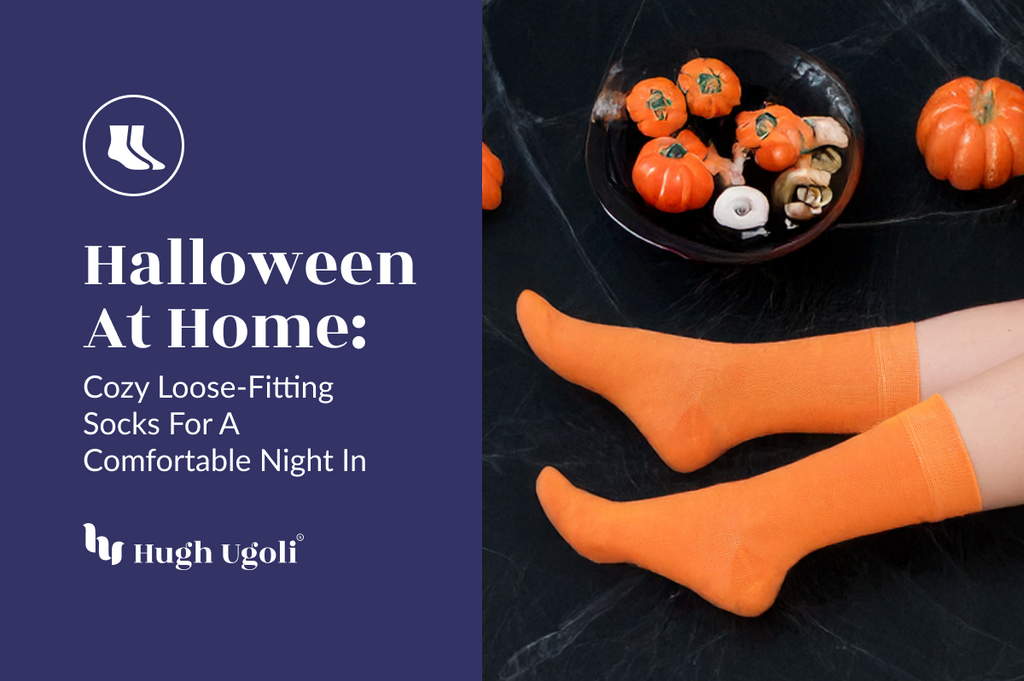 Orange socks worn with Halloween-themed decor including pumpkins and ghosts on a dark surface.