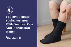 Person wearing black socks with text about the best elastic socks for men with swollen feet and circulation issues, branded as Hugh Ugoli