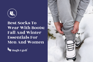 Person wearing gray socks and white boots in snow with text about best socks for boots.