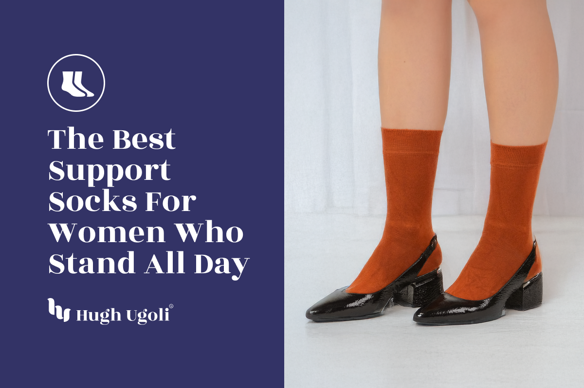 Brown socks worn with black shoes on a white background, featuring Hugh Ugoli branding.