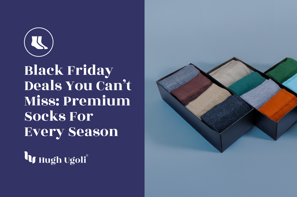 Promotional image for Hugh Ugolf premium socks with a blue background and text about Black Friday deals.