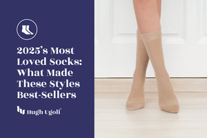 Beige Hugh Ugoli knee-high socks showcased on model legs against a minimal background, representing 2025’s most loved and best-selling styles focused on comfort and elegance.