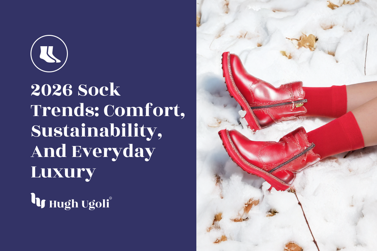 Red Hugh Ugoli socks styled with matching red boots in the snow, representing 2026 sock trends focused on comfort, sustainability, and everyday luxury.
