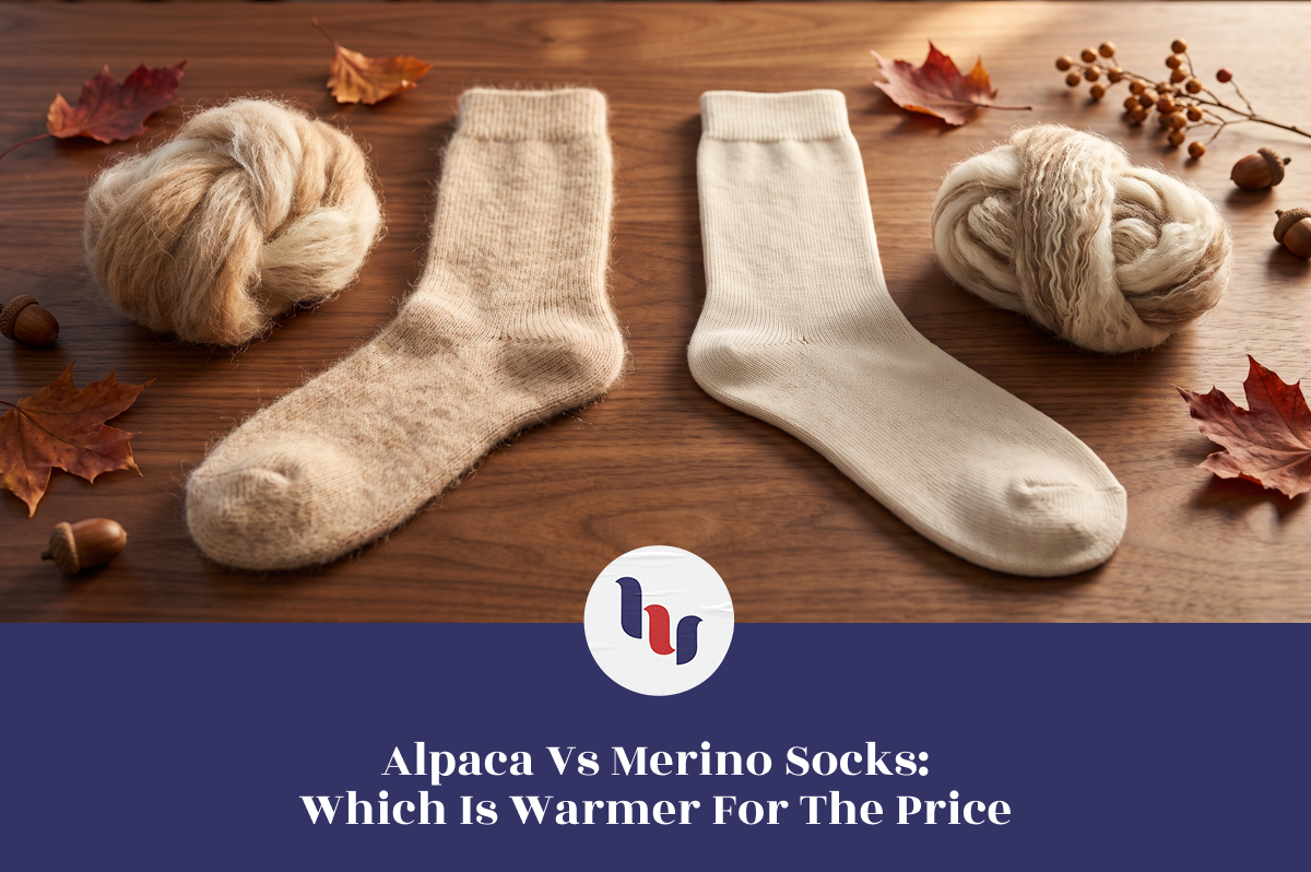 Alpaca and merino wool socks side by side being compared for warmth and texture