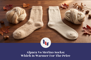 Alpaca and merino wool socks side by side being compared for warmth and texture