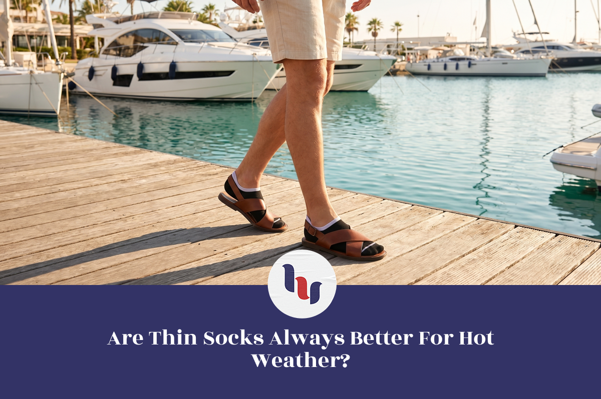 Person walking on a dock with boats in the background, wearing sandals.