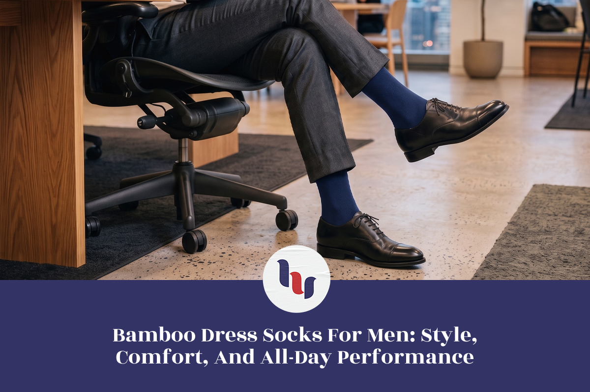 Man wearing bamboo dress socks in the office.