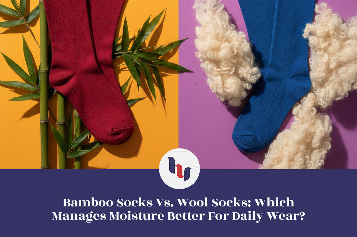 Comparison of bamboo and wool socks on a colorful background with text about moisture management.
