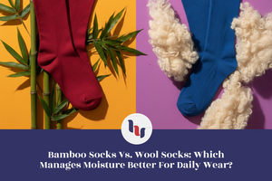 Comparison of bamboo and wool socks on a colorful background with text about moisture management.