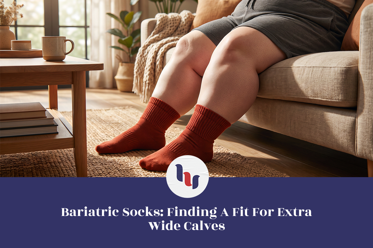 Woman with wide calves wearing comfortable crew socks while sitting at home