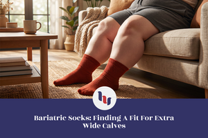 Woman with wide calves wearing comfortable crew socks while sitting at home