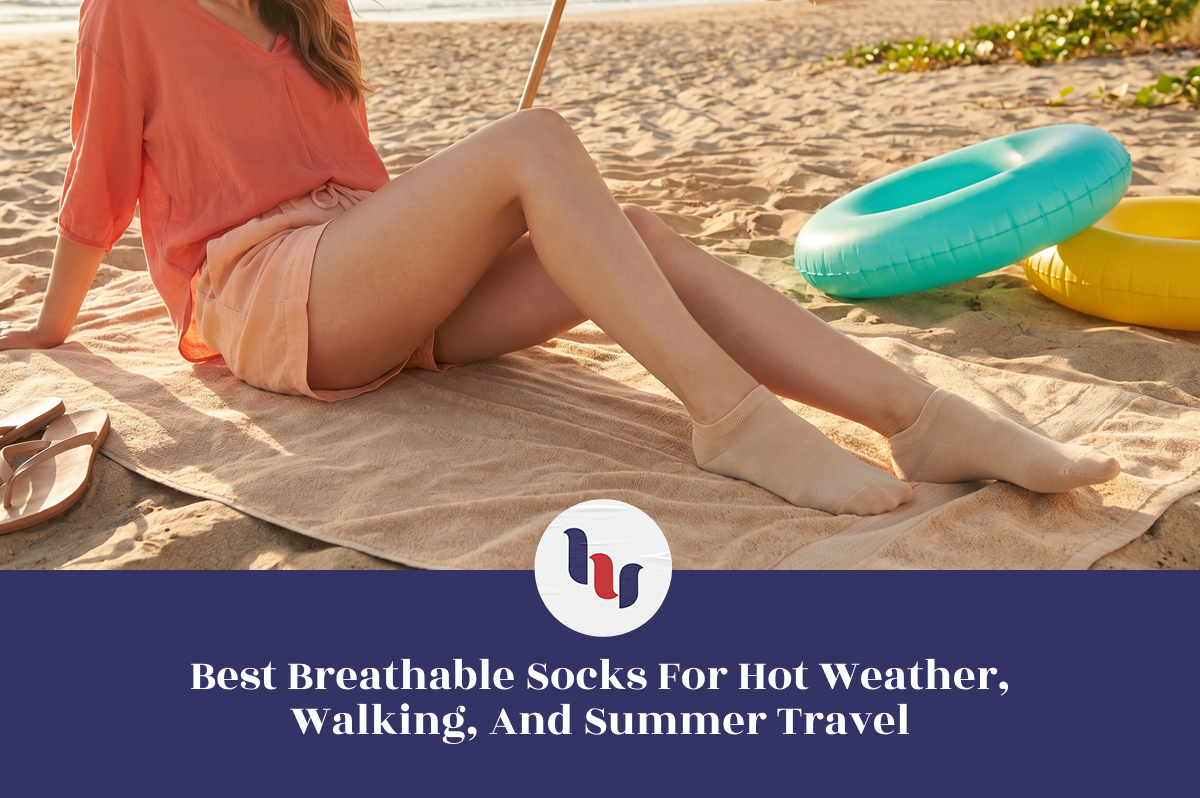 Person sitting on a beach with text about best breathable socks for hot weather.