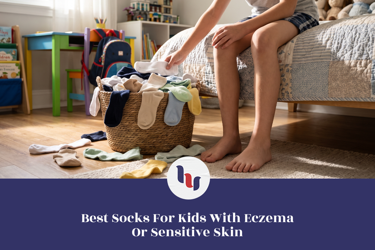 Child sorting soft socks from a laundry basket in a bedroom