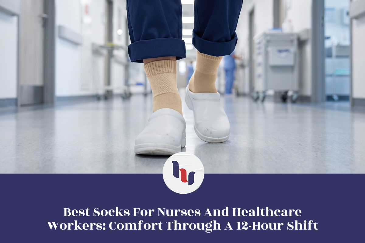Healthcare worker wearing comfortable socks during a hospital shift.