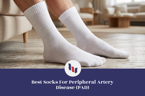 Feet wearing white crew socks indoors, illustrating sock choices for peripheral artery disease.