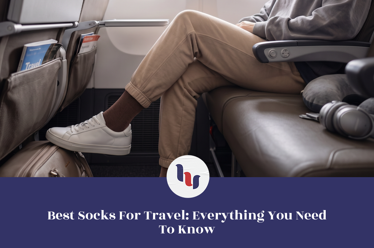 Traveler wearing comfortable socks during a flight.