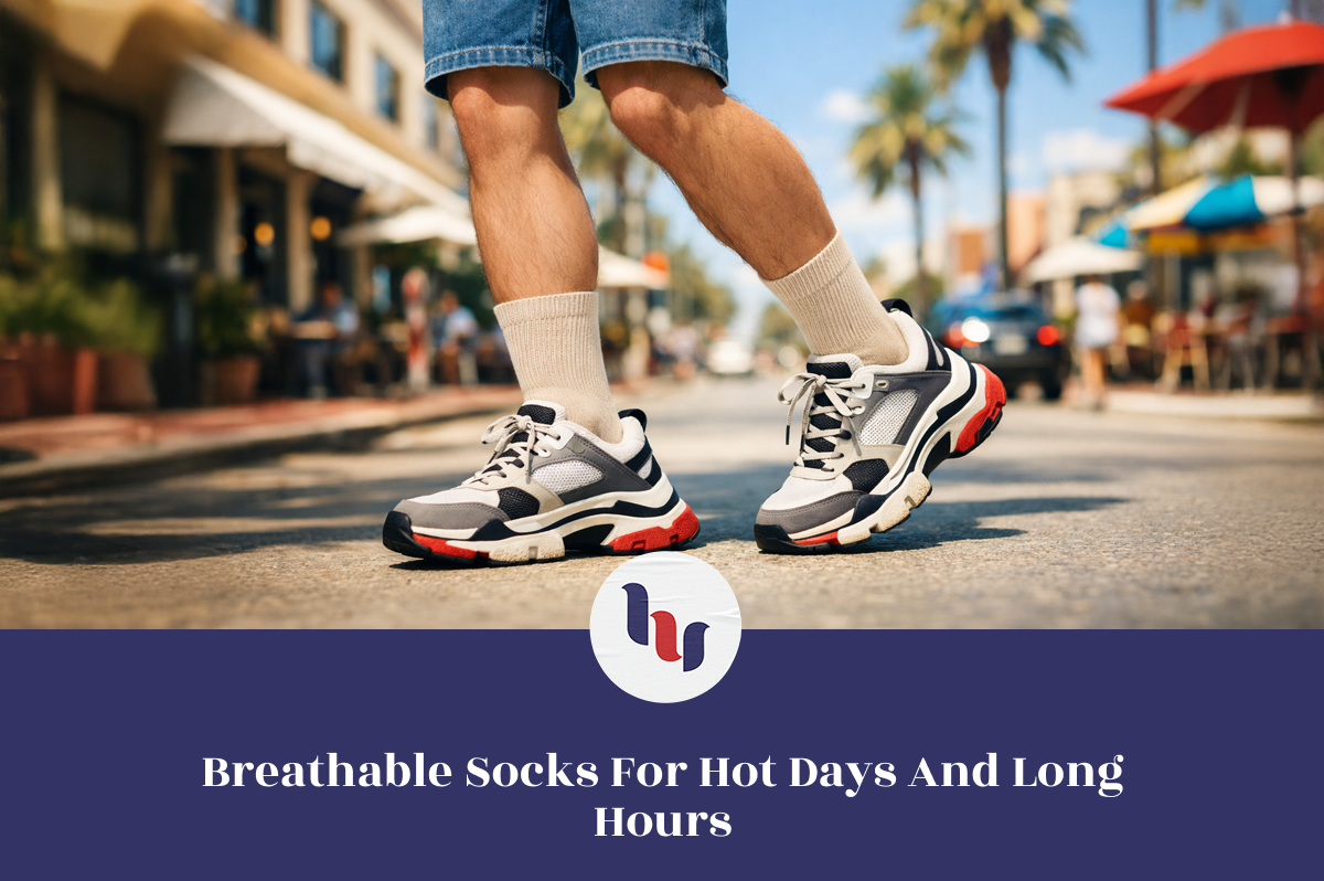 Person wearing black and white sneakers with red soles on a street, with text about breathable socks.