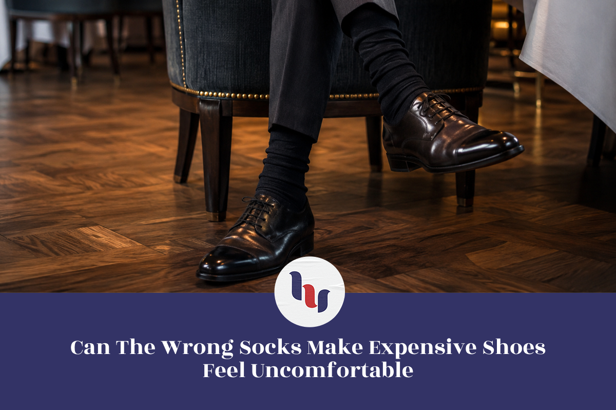 Man wearing black dress socks with formal leather shoes, highlighting how socks affect shoe comfort.