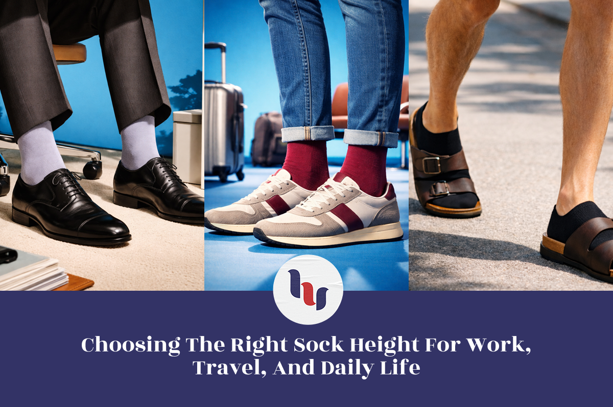 Three pairs of shoes with different sock heights on a blue background, featuring the logo and text 'Choosing The Right Sock Height For Work, Travel, And Daily Life'.
