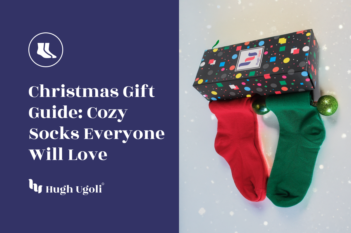 Festive red and green Hugh Ugoli socks paired with a colorful gift box and Christmas ornaments, capturing the joyful holiday spirit and cozy gift idea theme.