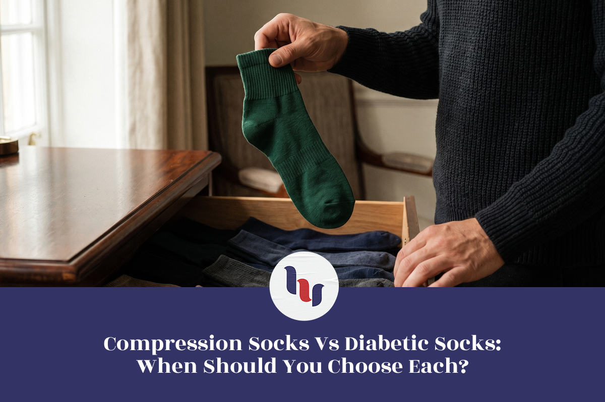 Person holding a green sock over a drawer with text about compression socks vs diabetic socks.