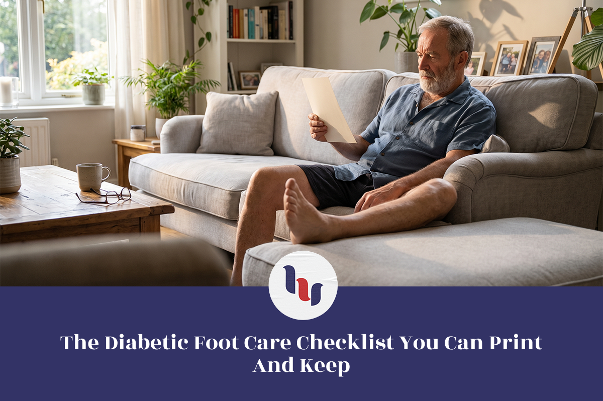 Older man reviewing a foot care checklist while examining his bare foot at home