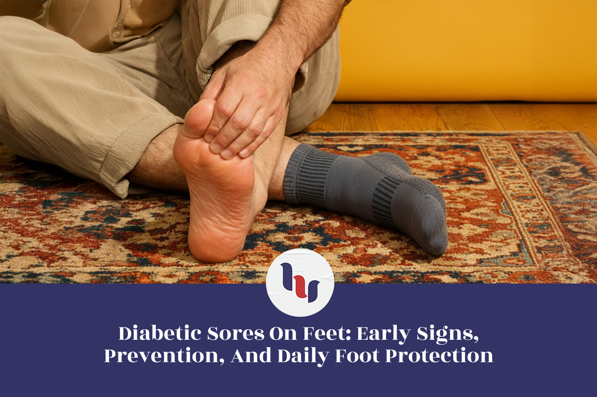 Person examining foot with sock on a patterned rug, focusing on diabetic foot care.