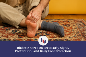 Person examining foot with sock on a patterned rug, focusing on diabetic foot care.