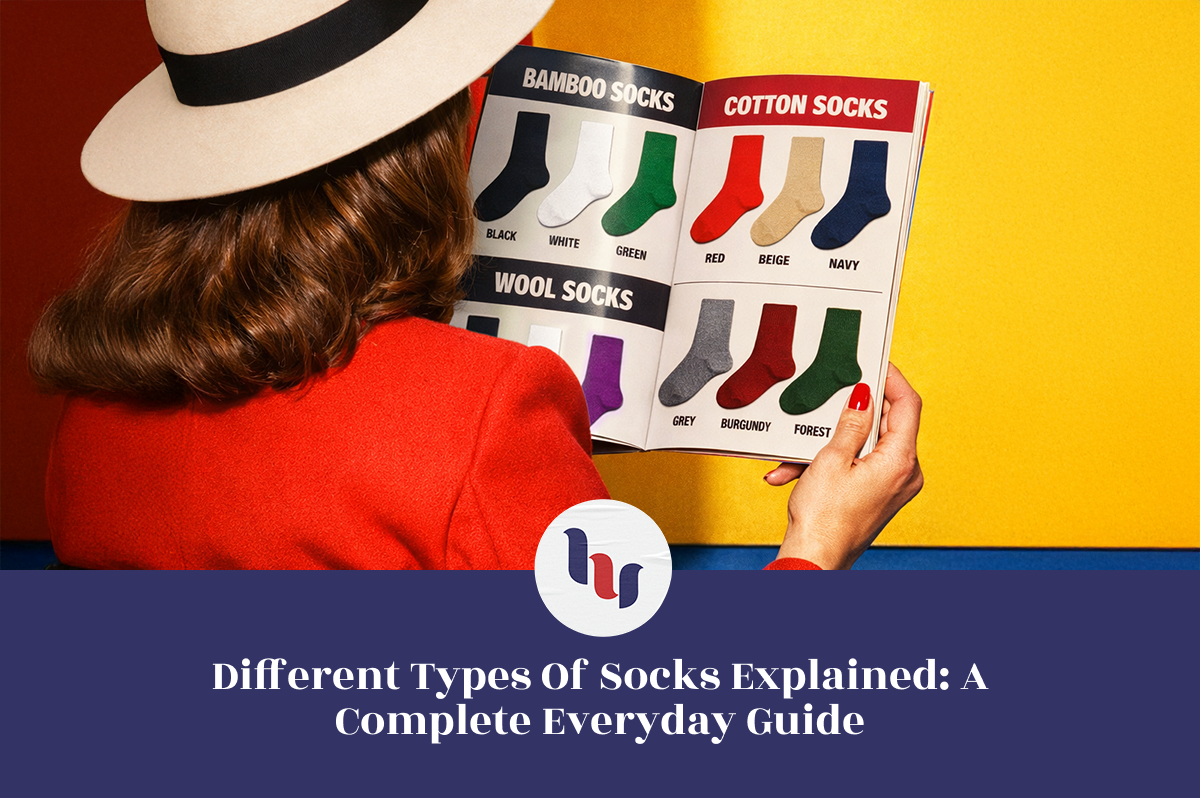 Person holding a guide to different types of socks with a colorful background