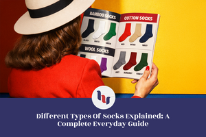 Person holding a guide to different types of socks with a colorful background