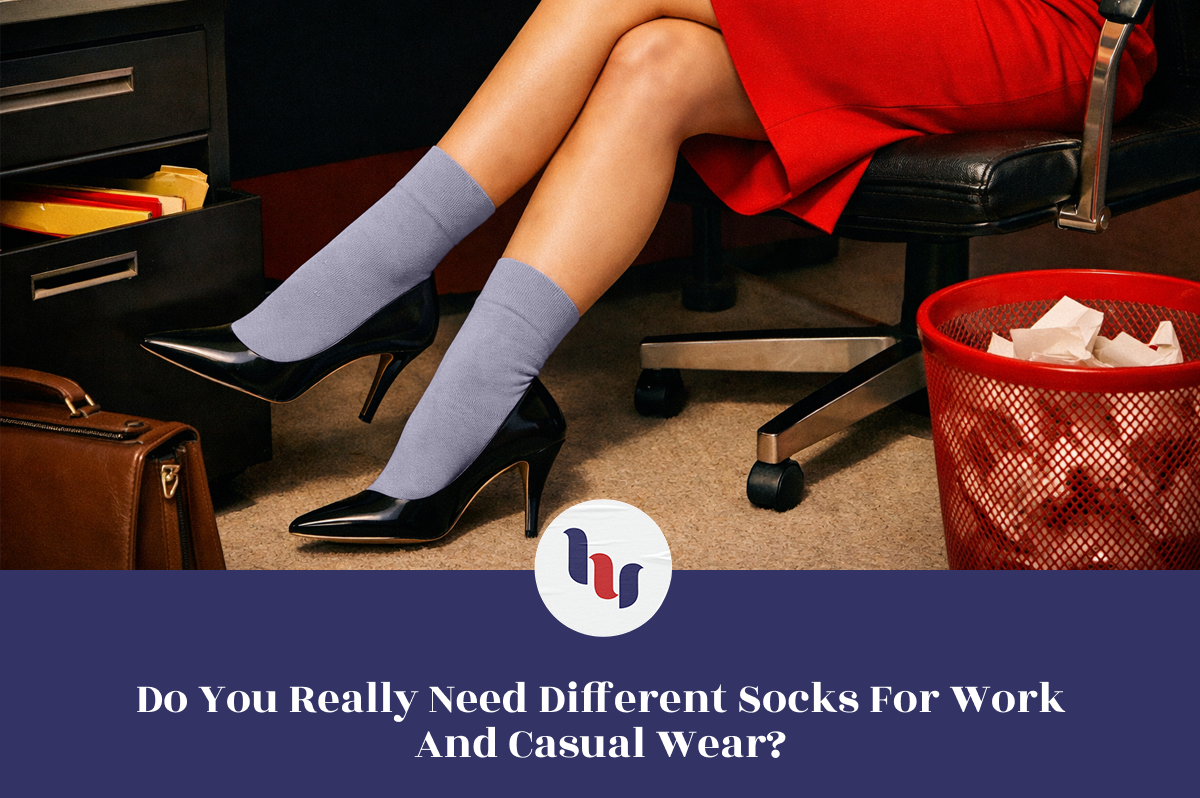 Person wearing different socks for work and casual wear in an office setting.