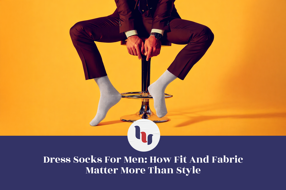 Man sitting on a stool wearing dress socks against an orange background with a logo and text overlay.