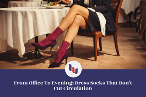 Person sitting at a table with legs crossed wearing purple dress socks in a restaurant setting.