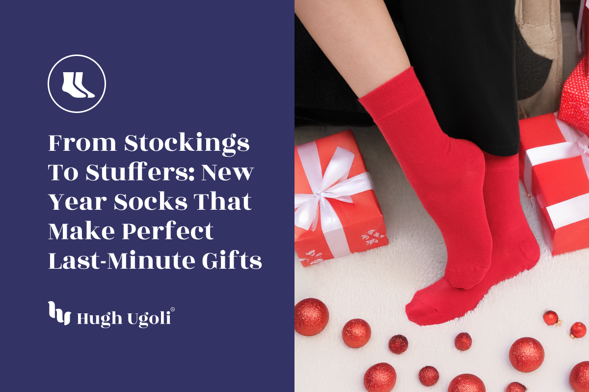 Red socks with text about New Year socks as last-minute gifts on a blue background