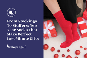 Red socks with text about New Year socks as last-minute gifts on a blue background