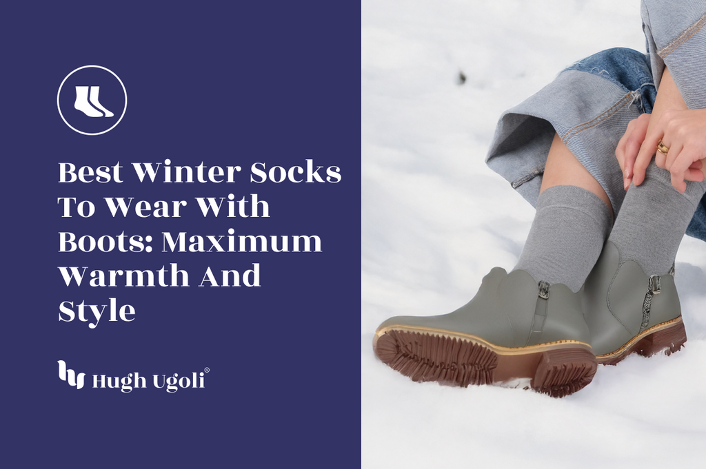 Close-up of grey Hugh Ugoli winter socks worn with stylish ankle boots in the snow, emphasizing maximum warmth, comfort, and seasonal style for cold-weather wear.